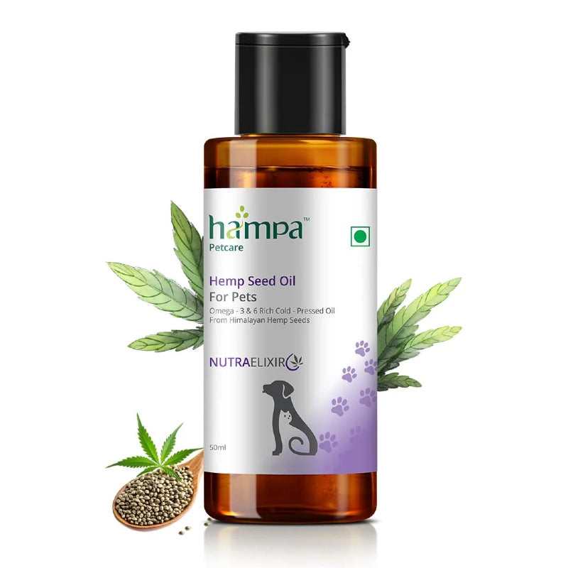 Hampa Hemp Seed Oil for Pets bottle with leaves and seeds on a white background