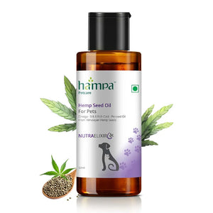 Hampa Hemp Seed Oil for Pets bottle with leaves and seeds on a white background
