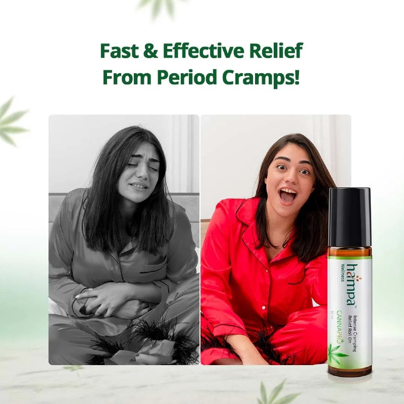 Woman experiencing period cramps on the left, using a Hemp product on the right with text 'Fast & Effective Relief From Period Cramps'.