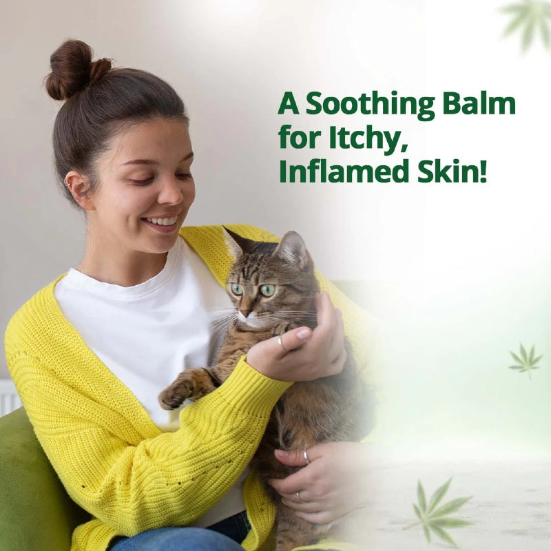 Woman holding a cat with text about a soothing Hemp balm for itchy, inflamed skin.