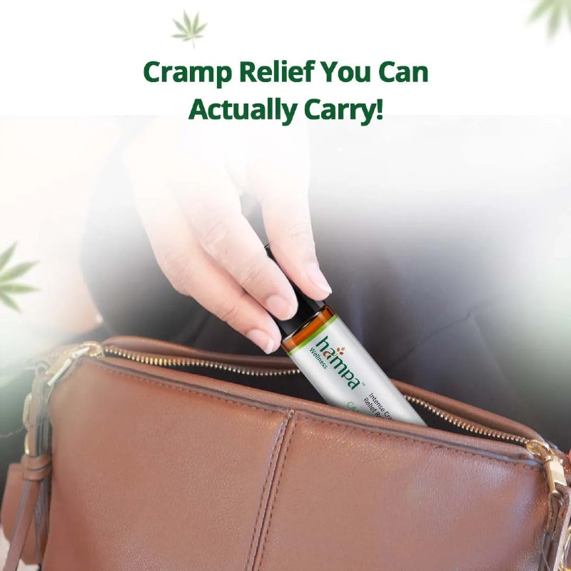 Hand holding a bottle labeled 'hama' over a brown leather bag with text 'Cramp Relief You Can Actually Carry!'.