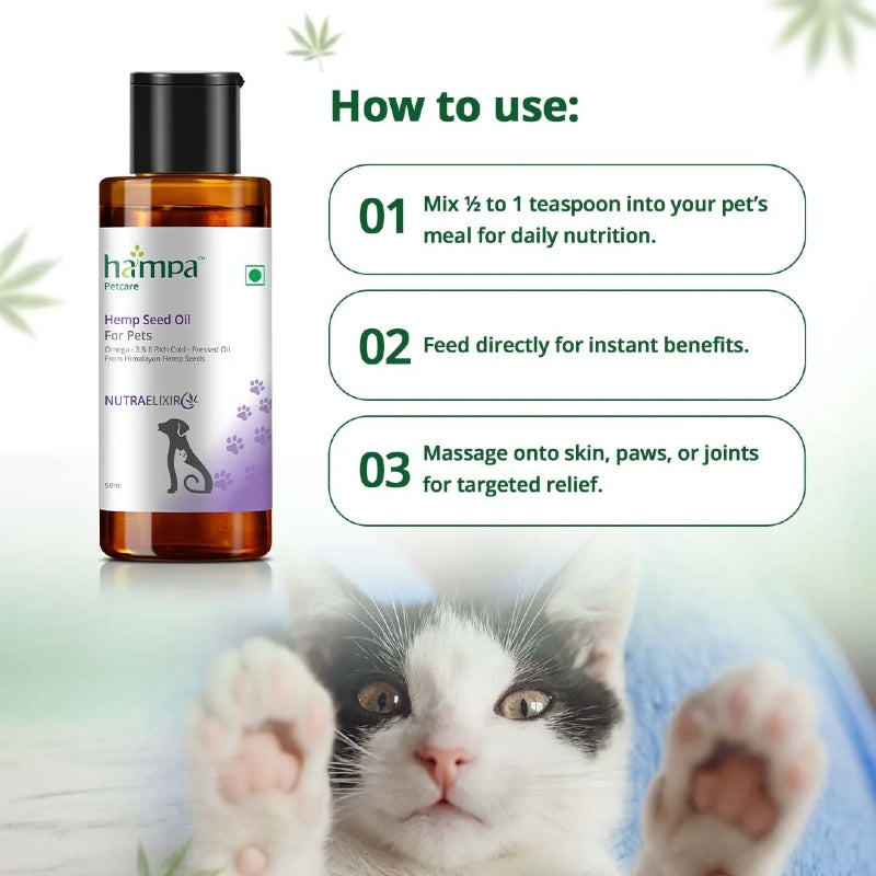 Hampa Hemp Seed Oil for pets with usage instructions and a cat in the background