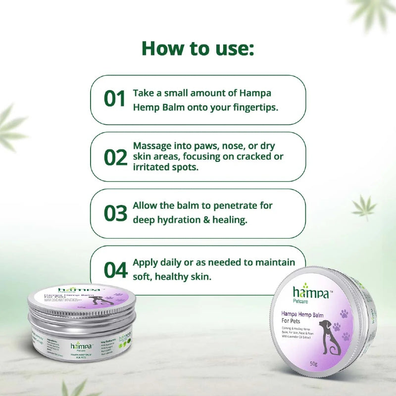 Hampa Hemp Balm for pets with usage instructions on a light green background