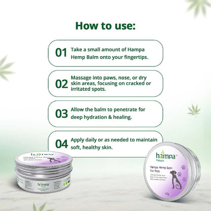 Hampa Hemp Balm for pets with usage instructions on a light green background