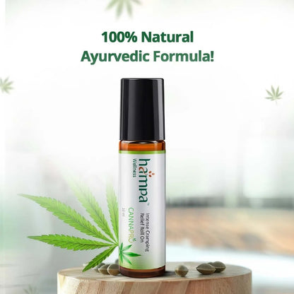 Hampa Wellness cannabis relief oil bottle with cannabis leaf and seeds on a wooden platform.