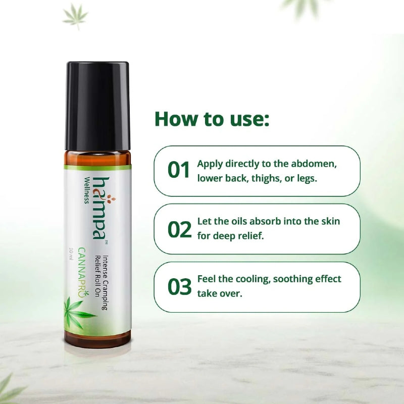 Hampa Wellness cannabis relief roll-on with usage instructions on a light green background