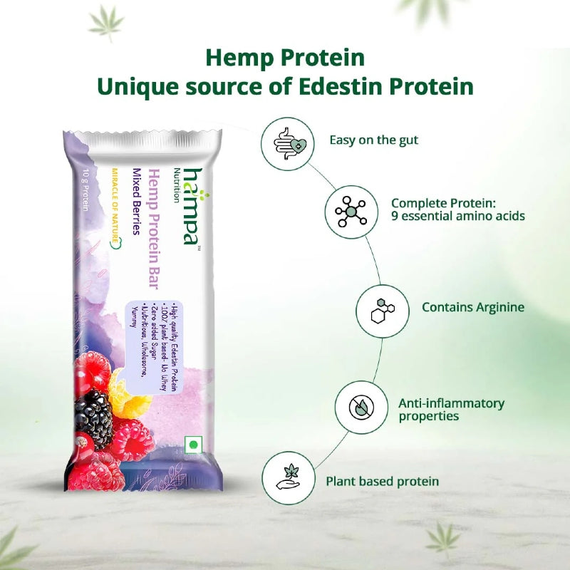 Hemp protein bar packaging with health benefits on a light green background