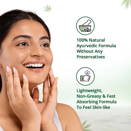 Woman touching her face with a green background and text about a natural Ayurvedic skincare product.