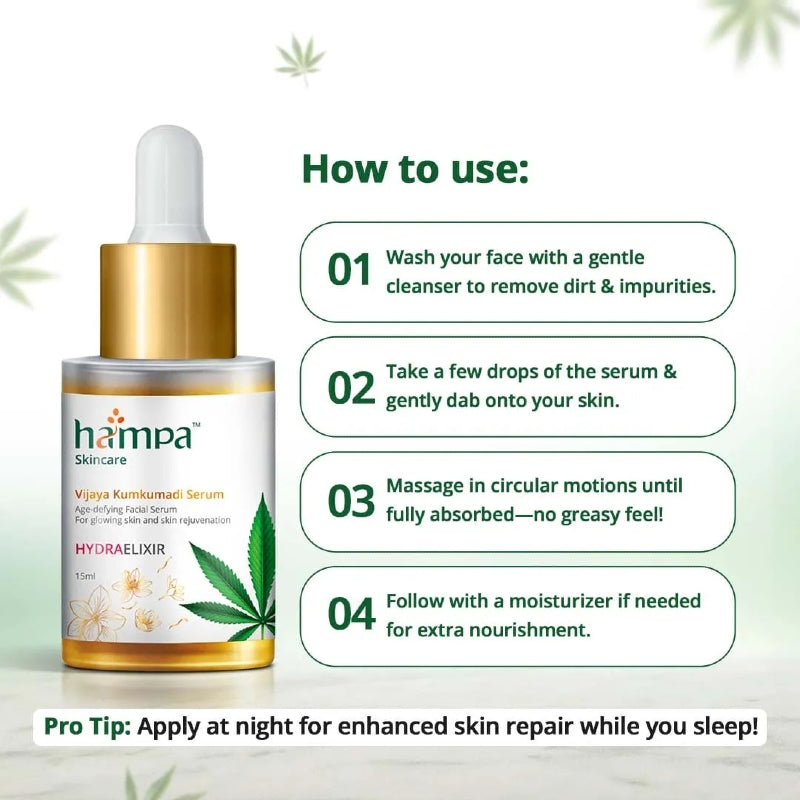 Hampa Hemp skincare serum bottle with usage instructions on a light green background