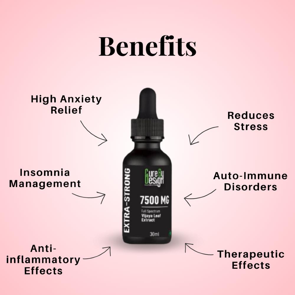 Cure By Design CBD oil bottle with benefits listed on a pink background