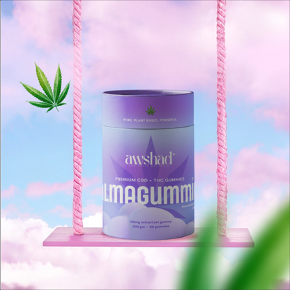 A purple cylindrical container of awshad cbd thc cannabis gummies against a pastel sky with clouds and a green cannabis leaf.