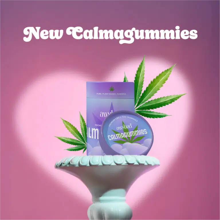 Calmagummies product on a white pedestal with cannabis leaves, set against a purple and pink background.
