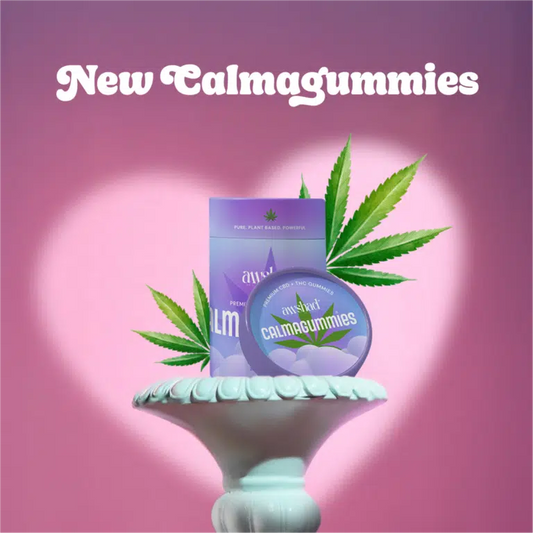 Calmagummies product on a white pedestal with cannabis leaves, set against a purple and pink background.
