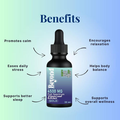 Bottle of Cure By Design Full Spectrum Vijaya Leaf Gold with labeled benefits on a gradient blue background