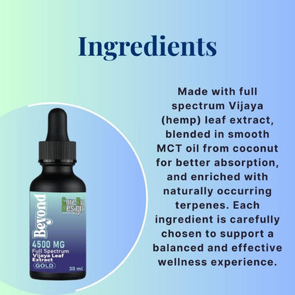Bottle of 'Beyond' full spectrum Vijaya leaf extract with text about ingredients on a gradient blue background