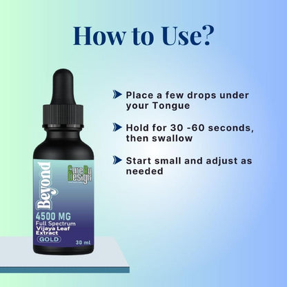 Bottle of Cure By Design Beyond Full Spectrum Vijaya Leaf Extract with usage instructions on a gradient blue background