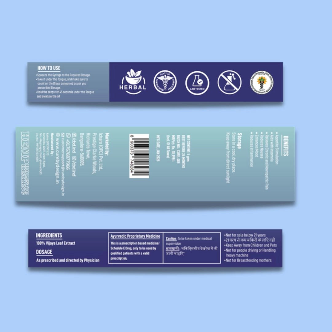 Medication label with icons and text on a blue background