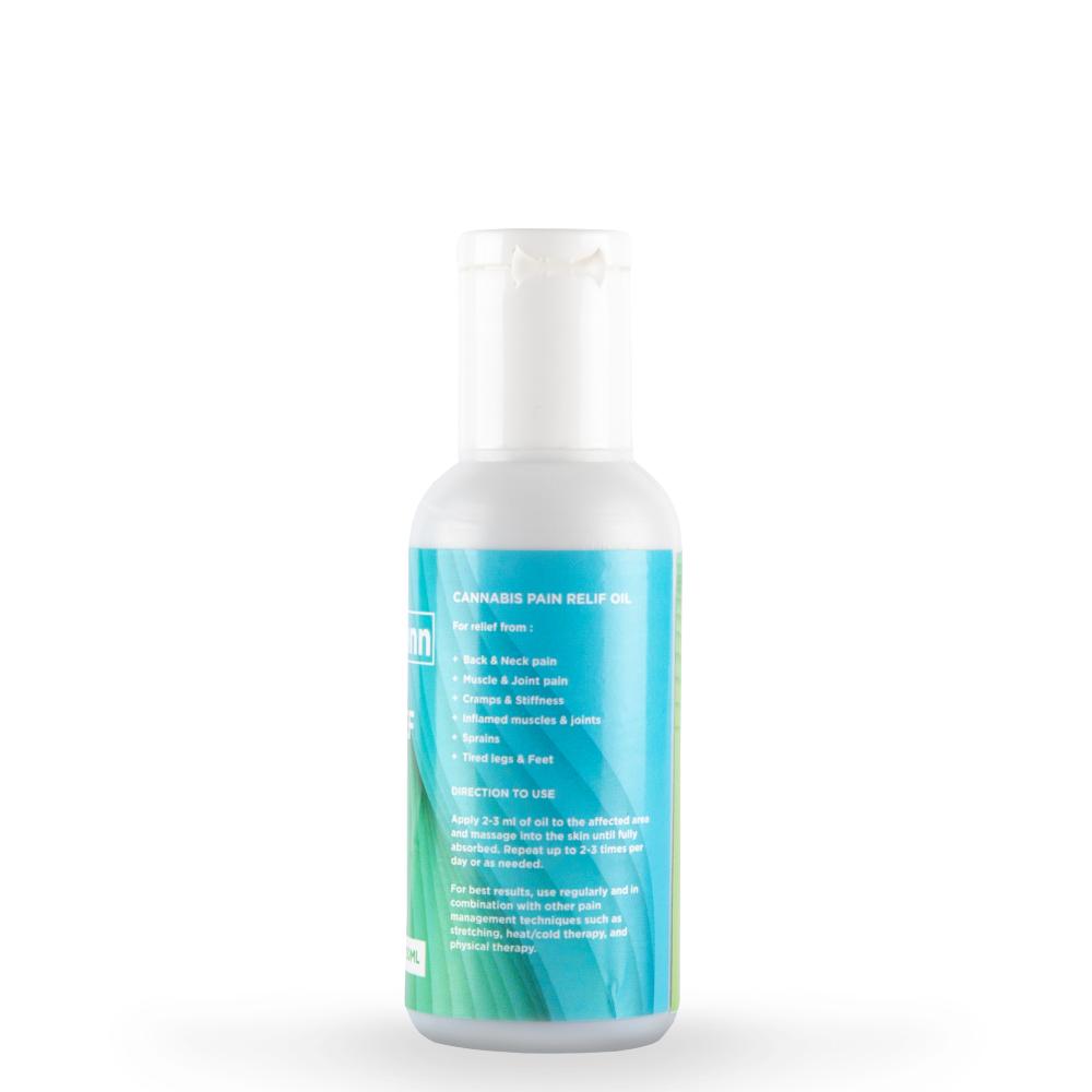 White plastic bottle of medicann cannabis pain relief oil with a push-top cap and a green gradient label.