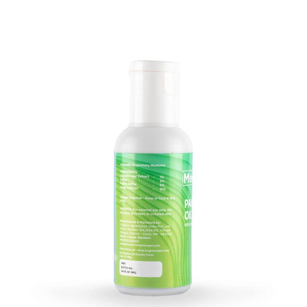 White plastic bottle of medicann pain relief cannabis oil with a push-top cap and a green gradient label.