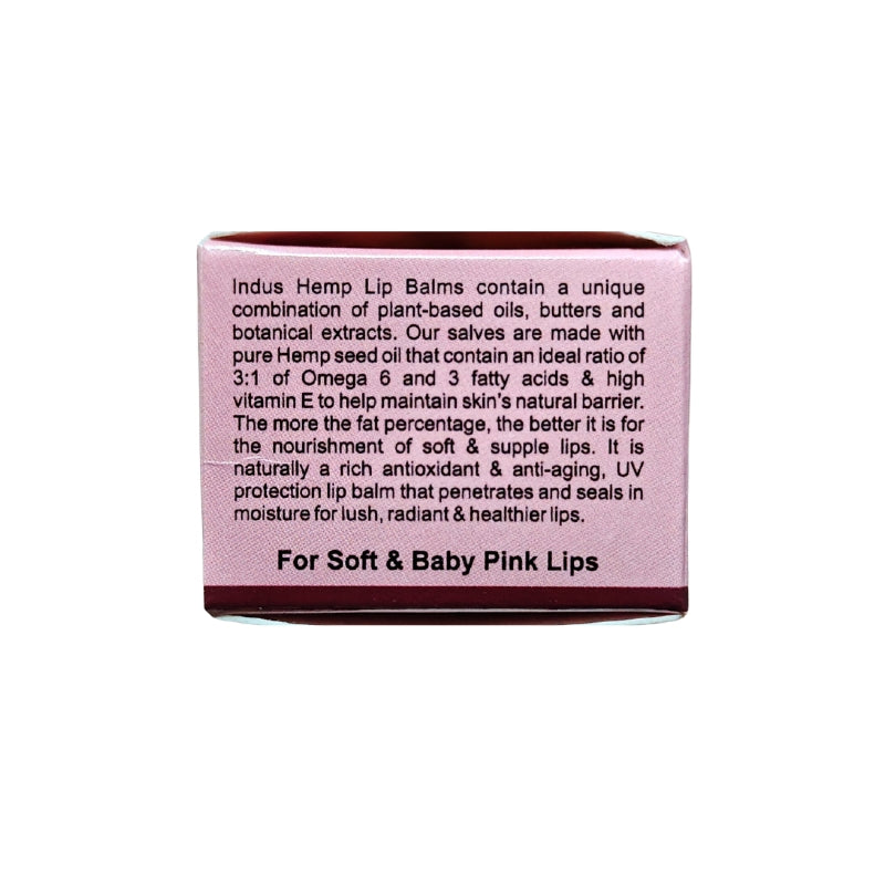 Hemp Lip balm packaging with text on a white background