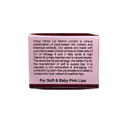Hemp Lip balm packaging with text on a white background