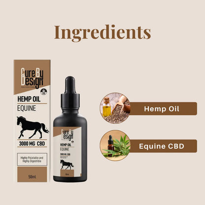 Cure By Design Hemp oil product with packaging and ingredients displayed on a beige background