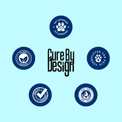 Cure By Design logo with certification icons on a light blue background
