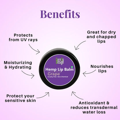 Hemp lip balm with benefits listed on a purple background