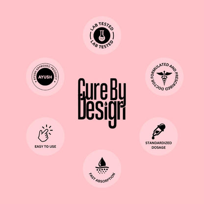Cure By Design branding with various icons on a pink background