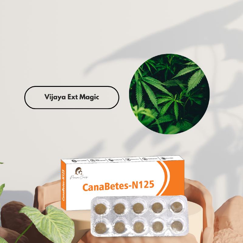  Product box of CanaBetes-N125 with a blister pack of ten tablets, a circular inset of cannabis leaves, and text "Vijaya Ext Magic."