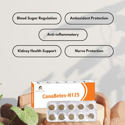 CanaBetes-N125 product with its benefits listed as Blood Sugar Regulation, Antioxidant Protection, Anti-inflammatory.