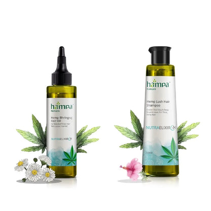 Two bottles of Hampa Hemp products on a white background with floral elements.