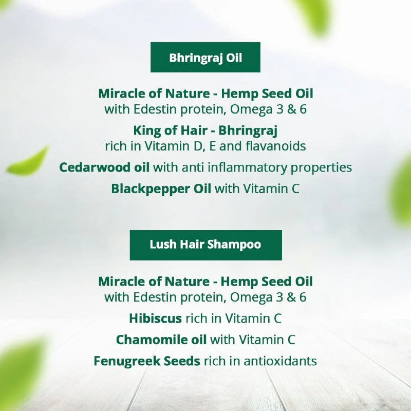 Text detailing the ingredients of a hair care product with green leaves in the background