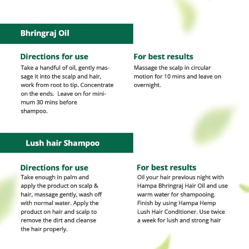 Instructions for Bhringraj Oil and Lush Hair Hemp Shampoo with green text on a white background.