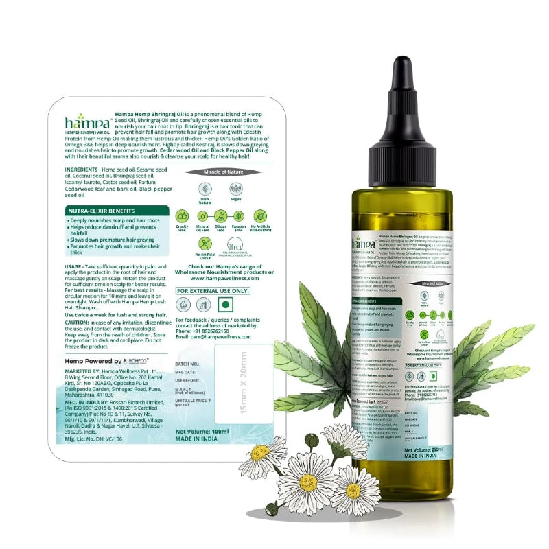 Hemp hair oil bottle with dropper and packaging on a white background