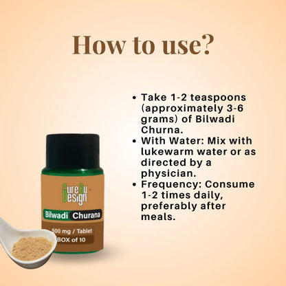 Cure By Design Bilwadi Churana bottle with usage instructions on a beige background