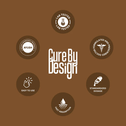 Cure By Design branding with various icons on a brown background