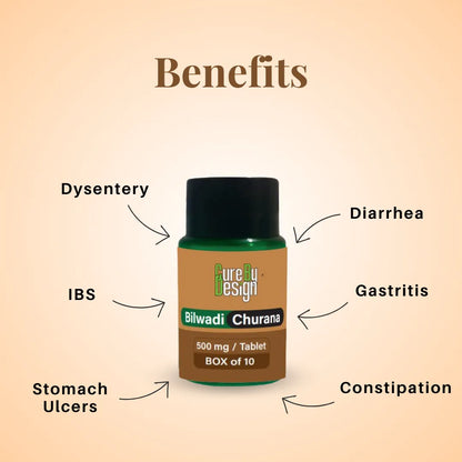 Bilwadi Churana bottle with health benefits on a beige background