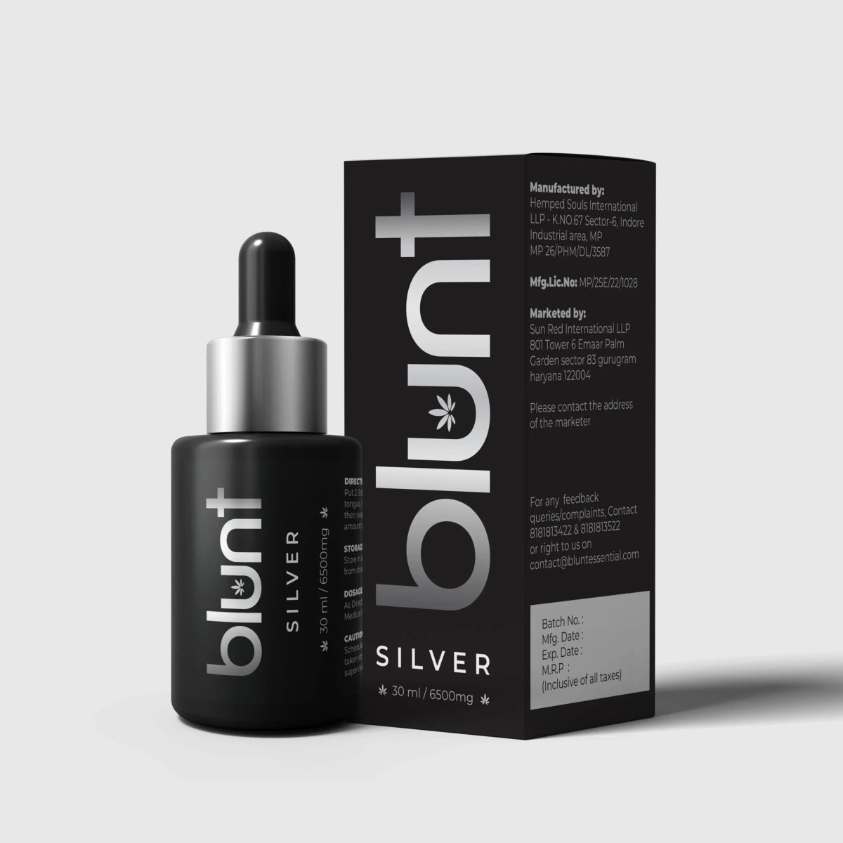 Blunt Silver CBD Oil bottle and packaging on a light gray background