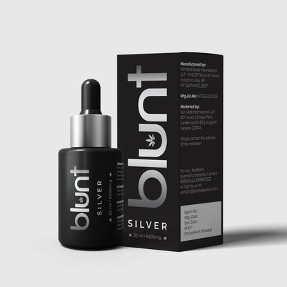 Blunt Silver CBD Oil bottle and packaging on a light gray background