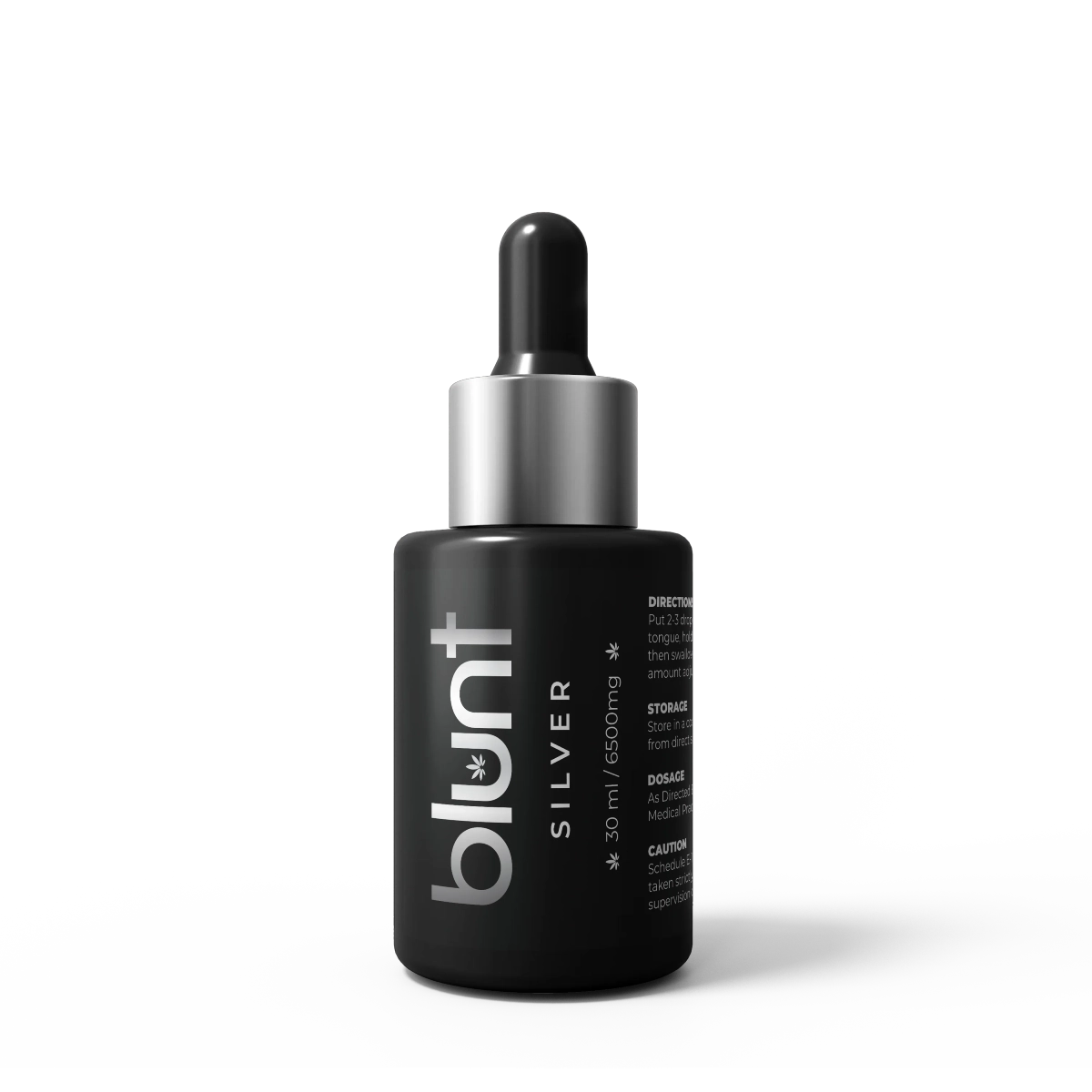 Black CBD Oil bottle with dropper labeled 'blunt' on a white background