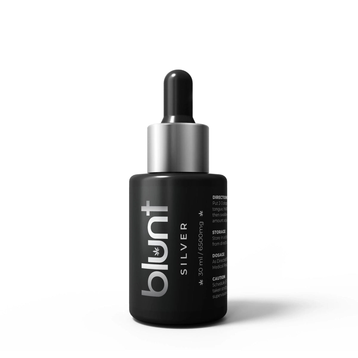 Black dropper CBD Oil bottle with 'blunt' branding on a white background