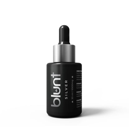 Black dropper CBD Oil bottle with 'blunt' branding on a white background