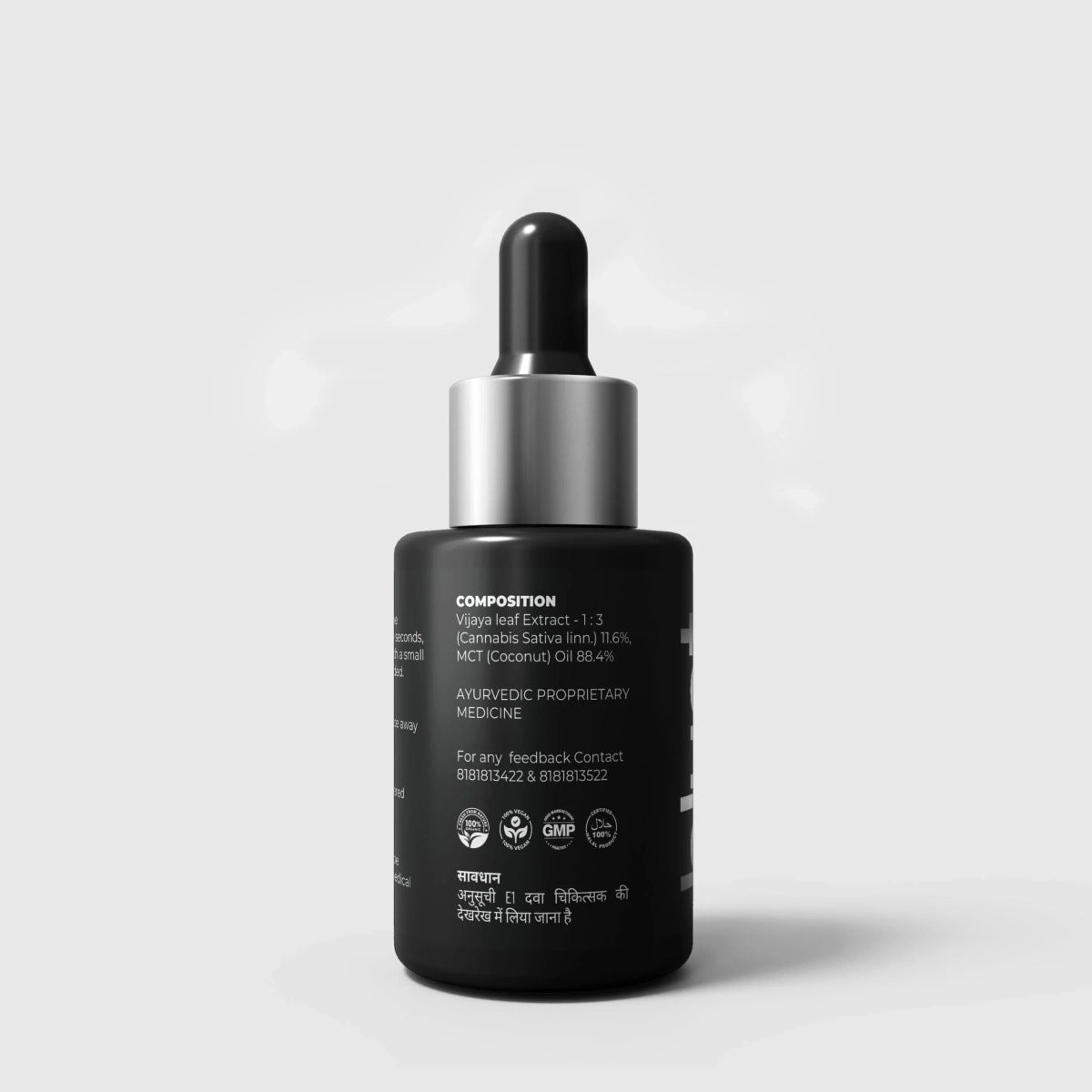 Black dropper CBD Oil bottle with text on a white background