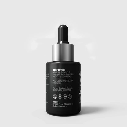 Black dropper CBD Oil bottle with text on a white background