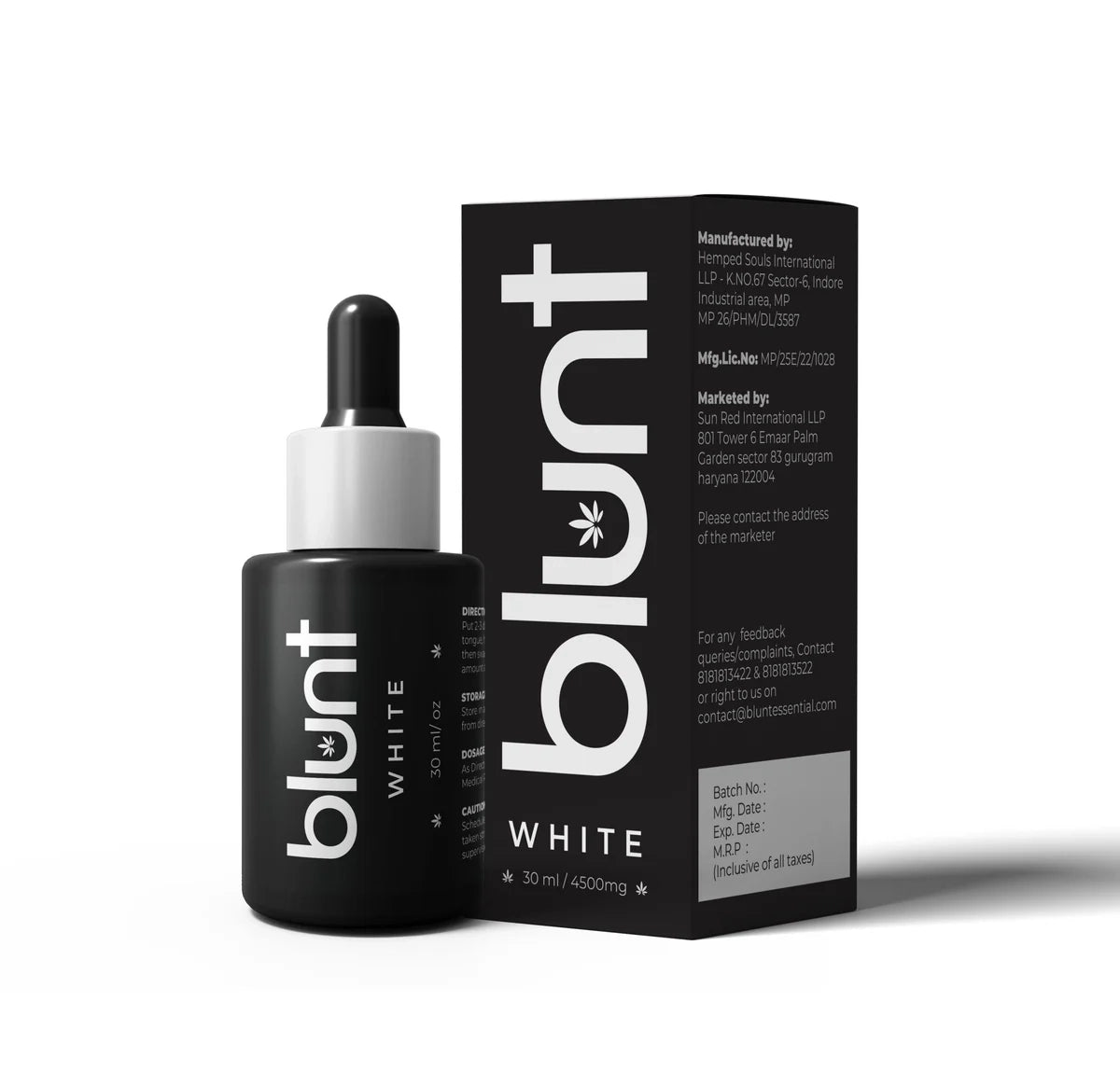 Blunt White CBD Oil bottle and packaging on a white background
