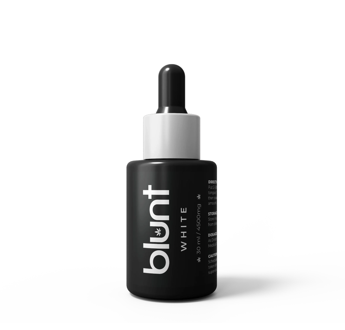 Blunt White CBD Oil bottle with Black dropper bottle with 'blunt' branding on a white background