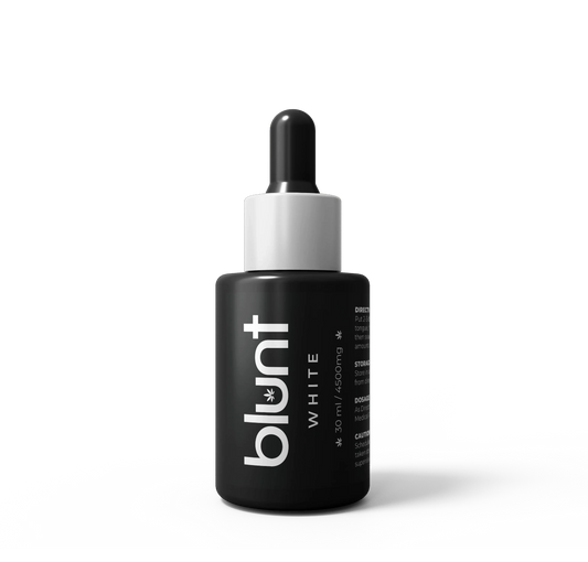 Blunt White CBD Oil bottle with Black dropper bottle with 'blunt' branding on a white background