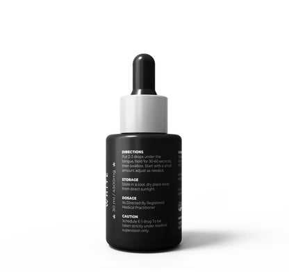 Black dropper bottle with white cap on a white background