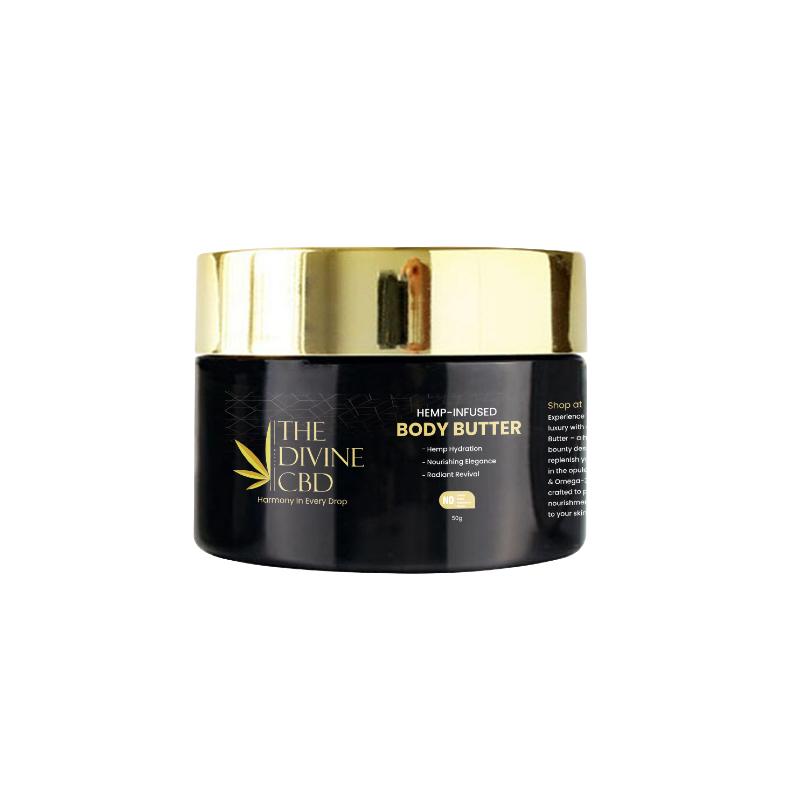 A black container with a gold lid labeled "Hemp-Infused Body Butter" from The Divine CBD.

